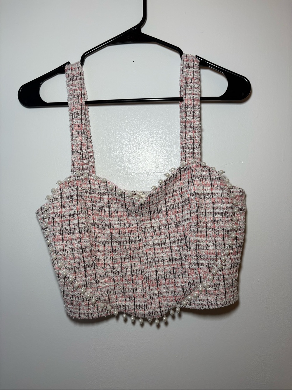 Tweed Pearl-Embellished Crop Top in Pink and White